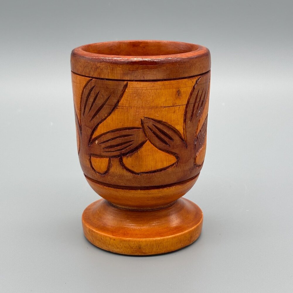 Vintage Hand-Carved Teak Pedestal Cup | Leaf Motif Wood Vessel